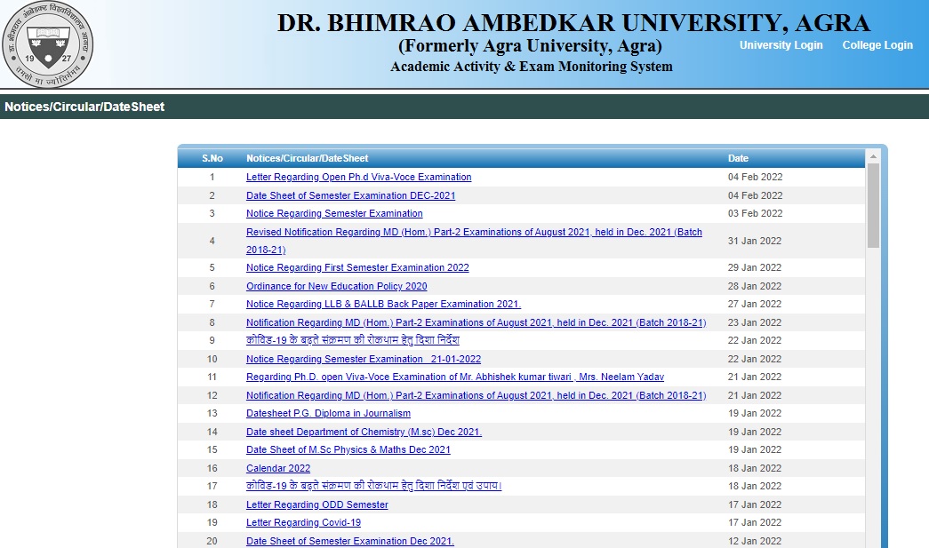 Agra University Date Sheet 2021-22