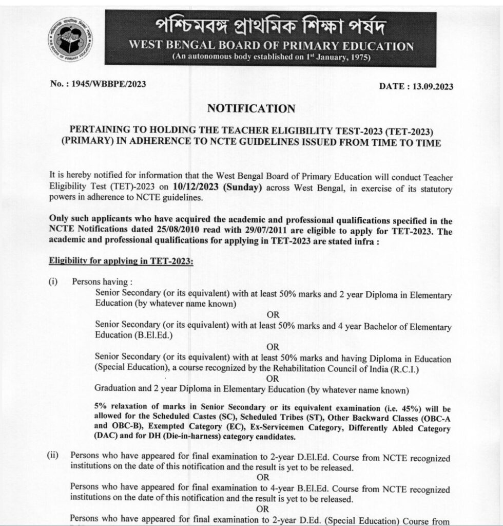 WB Primary TET Notification 2023