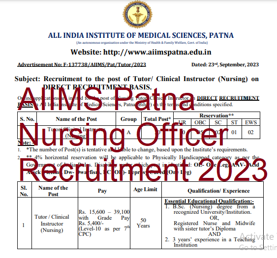 AIIMS Patna Nursing Officer Recruitment 2023