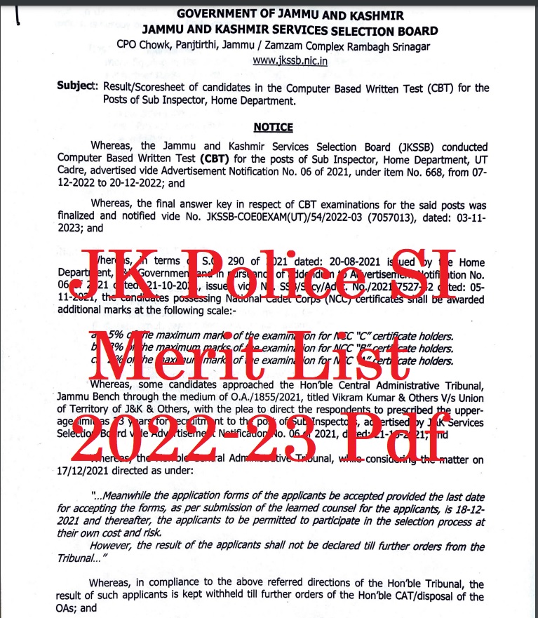 JK Police SI Merit List 2022-23 Pdf