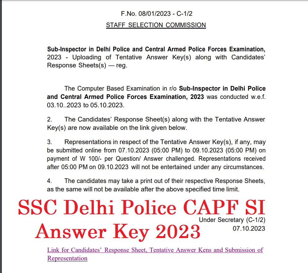 SSC Delhi Police CAPF SI Answer Key
