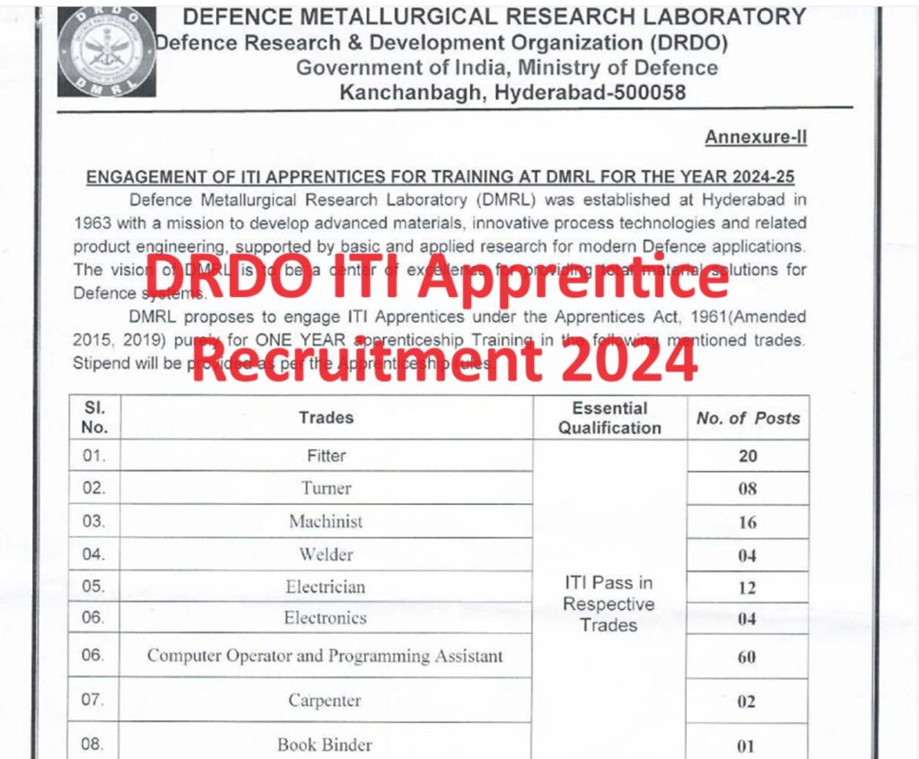 DRDO ITI Apprentice Recruitment 2024